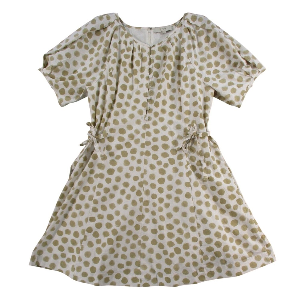 Loft Womens Tan Polka Dot Puff Sleeve Side Tie Button Front Dress Size 14 Large